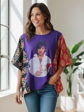 Upcycled Purple Prince Tee With Kantha Mixed-Print Sleeves
